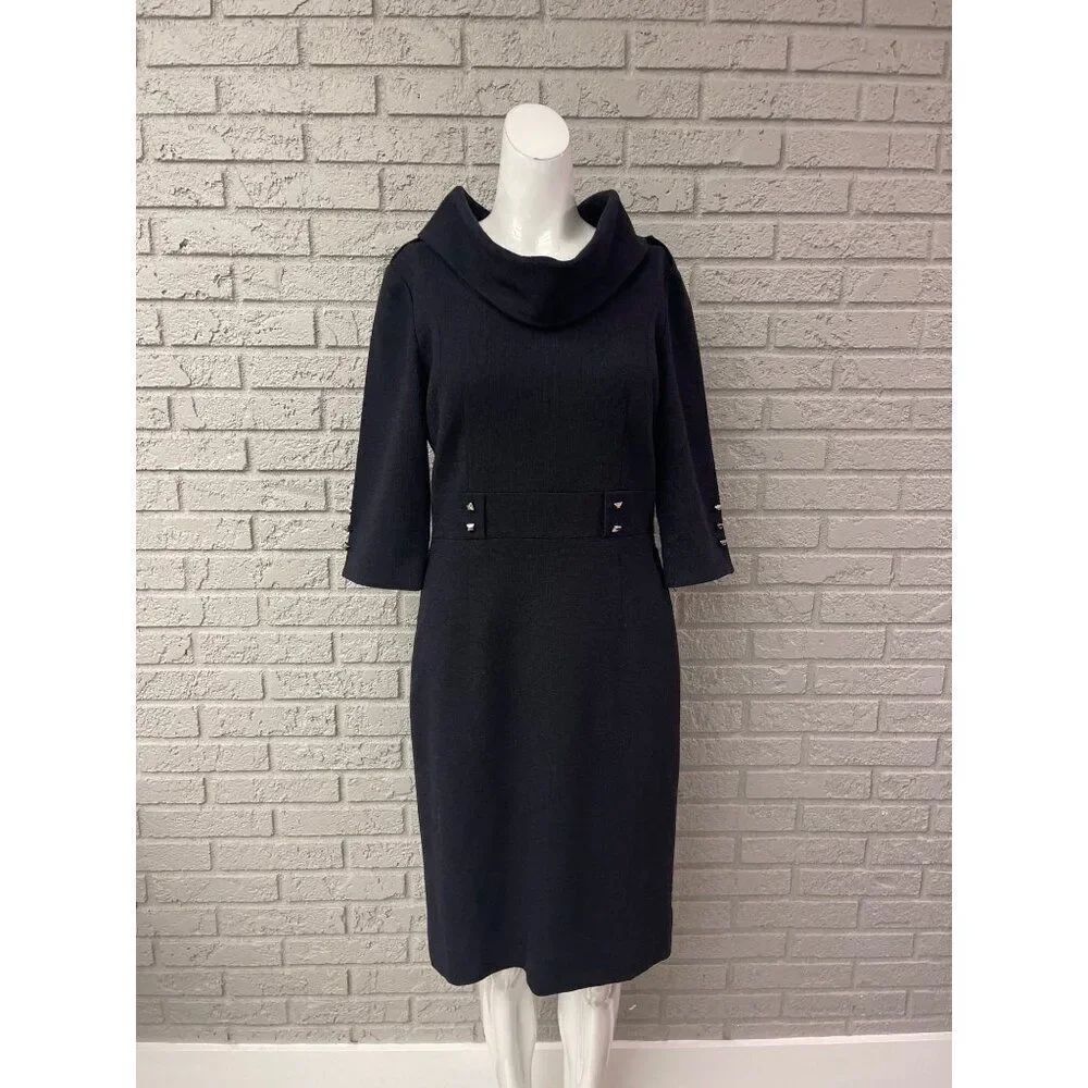 Antonio Melani Woman Navy Tweed Cowl Neck Dress With Sliver Hardware Size 4